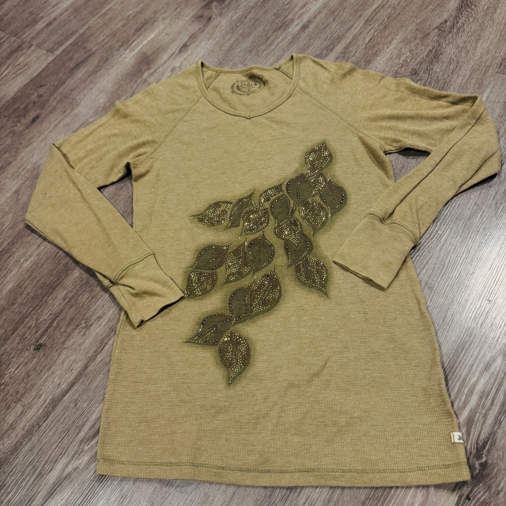 Y2K Jakes Dry Goods Womens Large Olive Green Leaf Rhinestone Waffle Knit Thermal